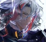  1boy broken_glass fate/grand_order fate_(series) glass headwear_removed helmet helmet_removed highres looking_at_viewer lvn_iritoki male_focus multicolored_hair odysseus_(fate/grand_order) portrait 