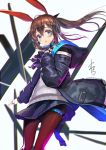  1girl amiya_(arknights) animal_ears arknights black_coat blue_eyes blue_skirt brown_hair brown_legwear coat cowboy_shot floating_hair frilled_shirt_collar frills hair_between_eyes hand_on_own_chest hooded_coat jewelry long_hair long_sleeves looking_at_viewer miniskirt multiple_rings neck_ring pantyhose parted_lips plaid plaid_skirt ponytail rabbit_ears ribbed_sweater ring signature simple_background skirt solo sweater thigh_strap white_background white_sweater yamahara 