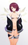  1girl absurdres angel arknights bare_shoulders bikini black_choker black_jacket blush breasts choker energy_wings exusiai_(arknights) gappt hair_over_one_eye halo hands_in_pockets highres jacket looking_at_viewer medium_breasts midriff navel off_shoulder open_clothes open_jacket purple_hair red_eyes redhead short_hair skindentation smile solo swimsuit thigh_gap thigh_strap thighs wet wings 