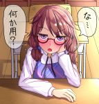  1girl bow brown_hair commentary_request desk fusu_(a95101221) glasses hat highres looking_at_viewer low_twintails partial_commentary plaid plaid_skirt plaid_vest red-framed_eyewear school_desk school_uniform semi-rimless_eyewear short_hair skirt solo touhou translated twintails under-rim_eyewear usami_sumireko vest 