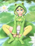  1girl animal_hood bangs blue_eyes boots breasts commentary_request eyebrows_visible_through_hair flower frog_hood frog_raincoat green_hair green_legwear highres hood lily_pad looking_at_viewer lotus medium_breasts medium_hair open_mouth original raincoat rubber_boots sasaame school_swimsuit sitting solo spread_legs swimsuit thigh-highs water white_school_swimsuit white_swimsuit 