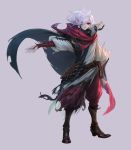  1boy black_sclera boots brown_footwear cape closed_mouth fingernails grey_background highres male_focus mountainguy pathfinder pink_eyes pointy_ears red_cape simple_background slit_pupils solo torn_cape torn_clothes white_hair wizard 
