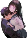  1boy 1girl bangs black_hair black_sailor_collar blunt_bangs chitanda_eru couple cowboy_shot gakuran green_eyes hetero highres hug hyouka long_hair mery_(apfl0515) neckerchief oreki_houtarou parted_lips purple_neckwear sailor_collar school_uniform serafuku simple_background upper_body violet_eyes white_background 