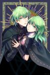  1boy 1girl 96ks_3h armor black_gloves byleth_(fire_emblem) byleth_eisner_(female) byleth_eisner_(male) fire_emblem fire_emblem:_three_houses from_side gloves green_eyes green_hair highres looking_to_the_side parted_lips short_hair twitter_username 