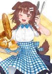  1girl :d absurdres alternate_costume animal_ears apron blush bone_hair_ornament bow bowtie brown_hair dog_ears dog_tail gingham_apron highres hololive inugami_korone koubeya_uniform long_hair one_eye_closed open_mouth plaid plaid_apron smile solo tail tonari_no_kai_keruberosu tweezers virtual_youtuber white_background 