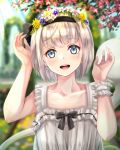  1girl :d alternate_costume bangs bare_arms bare_shoulders black_hairband blue_eyes blurry blurry_background blush bob_cut collarbone commentary_request day depth_of_field dress eyebrows_visible_through_hair flower flower_wreath hair_flower hair_ornament hairband hands_up head_wreath highres hitodama konpaku_youmu konpaku_youmu_(ghost) light_rays open_mouth outdoors ribbon-trimmed_dress round_teeth short_hair silver_hair sleeveless sleeveless_dress smile solo sunbeam sunlight teeth torottye touhou upper_body white_dress wrist_cuffs 