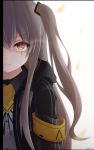  1girl black_jacket bow brown_eyes floral_background girls_frontline grey_hair hair_bow highres jacket keenh long_hair looking_at_viewer necktie scar shirt simple_background smile solo ump45_(girls_frontline) 