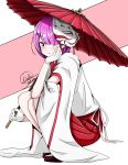  1girl :t artist_name chin_rest eyebrows_visible_through_hair fox_mask full_body gloves hair_ornament hair_over_one_eye hakama hakama_skirt highres holding holding_umbrella japanese_clothes kimono mask mask_on_head miko oriental_umbrella pink_ribbon purple_hair ram_(re:zero) re:zero_kara_hajimeru_isekai_seikatsu red_hakama red_umbrella ribbon sakura_iroha_(happy_island) signature skirt solo squatting umbrella violet_eyes white_gloves wide_sleeves x_hair_ornament 