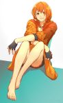  1girl barefoot black_gloves cbe39373 closed_mouth fire_emblem fire_emblem:_three_houses full_body gloves highres leonie_pinelli orange_eyes orange_hair simple_background sitting solo 