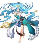  1girl artist_request asymmetrical_legwear azura_(fire_emblem) bangs barefoot belt blue_hair breasts dress fingerless_gloves fire_emblem fire_emblem_fates fire_emblem_heroes full_body gloves hair_between_eyes hair_ornament highres holding holding_weapon jewelry long_hair long_sleeves medium_breasts necklace official_art polearm shiny shiny_hair shiny_skin solo spear thigh_strap toes turtleneck veil very_long_hair water weapon yellow_eyes 