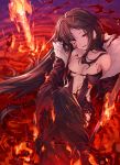  1girl bangs bare_shoulders black_dress black_jacket blood blood_on_face breasts breasts_apart brown_hair center_opening collarbone consort_yu_(fate) dress ear_piercing earrings eyebrows_visible_through_hair fate/grand_order fate_(series) fire from_above fur_collar highres jacket jewelry long_hair long_sleeves looking_at_viewer m-ya medium_breasts molten_rock parted_lips piercing red_eyes revealing_clothes revision sanpaku sidelocks sitting sleeves_past_wrists solo stomach sword torn_clothes torn_sleeves very_long_hair weapon 