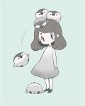  &gt;_&lt; 1girl animal_on_head ayu_(mog) baby_penguin bird bird_on_head black_footwear blue_background blue_eyes blush brown_hair dress emperor_penguin falling gradient_clothes gradient_dress grey_dress long_sleeves on_head original pantyhose penguin shoes simple_background smile solo white_legwear |_| 