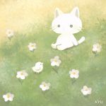  ayu_(mog) bird blush cat cat_focus flower grass green_theme highres hill limited_palette no_humans original sitting white_flower 