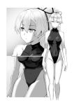  1girl aozaku_(hatake_no_niku) bare_shoulders border breasts collarbone commentary_request covered_navel eyebrows_visible_through_hair fate/grand_order fate_(series) greyscale hair_between_eyes hair_ribbon highres long_hair medium_breasts monochrome multiple_views ponytail ribbon slit_pupils tomoe_gozen_(fate/grand_order) turtleneck_leotard very_long_hair white_border 