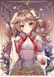  1girl ahoge animal_ears arknights bangs blush brown_hair character_name choker curled_horns dress eyebrows_visible_through_hair eyjafjalla_(arknights) flower fur-trimmed_dress fur_trim gradient gradient_background hand_up highres holding holding_flower holding_staff horns k.k_(pixiv) long_hair looking_at_viewer puffy_short_sleeves puffy_sleeves purple_dress red_ribbon ribbon ribbon_choker sheep_ears sheep_horns short_sleeves smile solo staff upper_body 