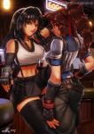  2girls 3d 3d_background armor ass back bar bar_stool black_hair black_legwear blender_(medium) boobplate breastplate brown_eyes brown_hair commentary crop_top elbow_gloves english_commentary final_fantasy final_fantasy_vii final_fantasy_vii_remake fingerless_gloves gloves headband jessie_(ff7) long_hair looking_at_viewer looking_back low-tied_long_hair materia melficexd multiple_girls navel parted_lips pleated_skirt ponytail red_headband shoulder_armor sitting skirt smile standing stomach stool suspenders thigh-highs tifa_lockhart 