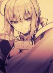  1girl amamitsu_kousuke armor artoria_pendragon_(all) bangs braid closed_mouth fate/stay_night fate_(series) french_braid greyscale half-closed_eyes highres ink_(medium) long_hair looking_at_viewer monochrome photo saber smile solo traditional_media 