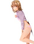  1girl :d against_wall bangs bra brown_eyes brown_hair clothes_lift eyebrows_visible_through_hair from_side grace16 grey_sweater hair_between_eyes highres isshiki_iroha lifted_by_self looking_at_viewer medium_hair open_mouth panties pink_bra pink_panties ribbed_sweater shiny shiny_hair simple_background smile solo standing sweater sweater_lift underwear white_background yahari_ore_no_seishun_lovecome_wa_machigatteiru. 