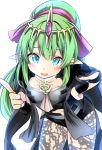  1girl armor byleth_(fire_emblem) byleth_eisner_(female) byleth_eisner_(female)_(cosplay) cosplay fire_emblem fire_emblem:_mystery_of_the_emblem fire_emblem:_three_houses green_eyes green_hair hahe highres leaning_forward long_hair navel_cutout open_mouth pantyhose pointy_ears ponytail solo tiara tiki_(fire_emblem) 