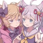  2girls ahoge animal_ear_fluff animal_ears bangs bare_shoulders blonde_hair blue_eyes blush bow bowtie cat_ears cat_girl character_request collared_shirt commentary_request copyright_request detached_sleeves eyebrows_visible_through_hair fingers_together hair_between_eyes hair_ribbon kuroboshi_kouhaku lavender_hair looking_at_another medium_hair multiple_girls neckerchief open_mouth pink_hoodie purple_neckwear purple_shirt ribbon sailor_collar school_uniform serafuku shirt sidelocks simple_background sleeveless sleeveless_shirt swept_bangs violet_eyes white_background white_shirt yellow_neckwear 