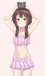  1girl :o absurdres alternate_costume bangs bare_shoulders blush breasts brown_hair cat collarbone commentary_request eyebrows_visible_through_hair highres hosh kono_subarashii_sekai_ni_shukufuku_wo! looking_at_viewer megumin navel pink_skirt red_eyes short_hair_with_long_locks simple_background skirt small_breasts solo white_background 