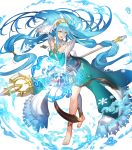  1girl artist_request asymmetrical_legwear azura_(fire_emblem) bangs barefoot belt blue_hair breasts dress fingerless_gloves fire_emblem fire_emblem_fates fire_emblem_heroes full_body gloves hair_between_eyes hair_ornament highres holding holding_weapon jewelry long_hair long_sleeves medium_breasts necklace official_art polearm shiny shiny_hair snowflakes solo spear thigh_strap toes turtleneck veil very_long_hair water weapon yellow_eyes 