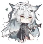  1girl animal_ear_fluff animal_ears arknights arm_guards bangs black_jacket closed_mouth commentary_request eyebrows_visible_through_hair full_body green_eyes hair_between_eyes hair_ornament hairclip jacket katana kotatu_(akaki01aoki00) lappland_(arknights) light_smile long_hair long_sleeves looking_at_viewer scar scar_across_eye seiza silver_hair simple_background sitting sleeves_past_fingers sleeves_past_wrists solo sword tail very_long_hair weapon white_background wide_sleeves 
