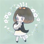  ayu_(mog) baby_penguin bird black_footwear black_jacket blue_eyes blush bow brown_hair dress emperor_penguin floral_background green_background hair_bow holding jacket long_sleeves orange_bow original pantyhose penguin shoes short_hair signature white_dress white_legwear |_| 