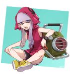  1girl artist_name bangs bike_shorts black_shorts blue_eyes blunt_bangs blunt_ends commentary domino_mask ear_piercing earrings explosher_(splatoon) fangs full_body green_background grey_hair gym_shorts hand_on_own_knee highres hood hood_down inkling jewelry long_hair looking_at_viewer mask no_legwear outside_border piercing pointy_ears red_shirt shirt shoes shorts signature sitting sleeveless sleeveless_shirt sneakers solo splatoon_(series) splatoon_2 stud_earrings takeko_spla tentacle_hair watch watch yellow_footwear 
