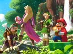  2boys 2girls arrow bag blonde_hair blue_eyes boots bow_(weapon) brown_hair coat commentary english_commentary facial_hair fire_flower forest gloves highres knee_boots link long_hair mario super_mario_bros. master_sword mauricio_abril multiple_boys multiple_girls mushroom mustache nature outdoors parody pointy_ears princess_peach princess_zelda quiver shield short_hair style_parody super_mario_bros. super_mushroom sword the_legend_of_zelda tiara tunic warp_pipe water waterfall weapon 
