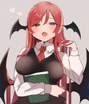  1girl :o bangs black_vest blush book breasts commentary_request demon_wings eyebrows_visible_through_hair fang grey_background hand_in_hair hand_up head_wings heart highres holding holding_book koakuma large_breasts long_hair long_sleeves looking_at_viewer necktie open_mouth red_eyes red_neckwear redhead satoupote shirt simple_background skin_fang solo touhou upper_body vest white_shirt wings 