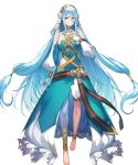  1girl artist_request asymmetrical_legwear azura_(fire_emblem) bangs barefoot belt blue_hair breasts dress fingerless_gloves fire_emblem fire_emblem_fates fire_emblem_heroes full_body gloves hair_between_eyes hair_ornament hand_on_own_chest highres jewelry long_hair long_sleeves looking_at_viewer medium_breasts necklace official_art parted_lips shiny shiny_hair smile solo standing thigh_strap toes turtleneck veil very_long_hair yellow_eyes 