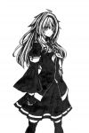  1girl absurdres ahoge asymmetrical_sleeves bangs commentary_request eyebrows_visible_through_hair fingerless_gloves gloves greyscale hair_between_eyes hairband hand_on_hip highres kantai_collection long_hair looking_at_viewer monochrome neckerchief nib_pen_(medium) pleated_skirt remodel_(kantai_collection) sailor_collar school_uniform serafuku shiratsuyu_(kantai_collection) sidelocks simple_background skirt smile solo thigh-highs todoroki traditional_media whistle whistle_around_neck white_background wide_sleeves zettai_ryouiki zipper 