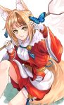  1girl animal_ears blonde_hair brown_hair bug butterfly butterfly_net fire_emblem fire_emblem_fates fox_ears fox_tail fuussu_(21-kazin) gloves hand_net highres holding insect japanese_clothes long_sleeves multicolored_hair open_mouth selkie_(fire_emblem) short_hair simple_background solo streaked_hair tail white_gloves yellow_eyes 