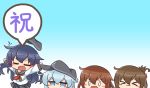  &gt;:) &gt;_&lt; 4girls akatsuki_(kantai_collection) animated animated_gif aqua_eyes asimo953 black_hair brown_hair chibi commentary eighth_note fang flat_cap flying_sweatdrops folded_ponytail gradient gradient_background hair_ornament hairclip hat hibiki_(kantai_collection) ikazuchi_(kantai_collection) inazuma_(kantai_collection) jitome jumping kantai_collection multiple_girls musical_note school_uniform serafuku silver_hair skin_fang translated violet_eyes 