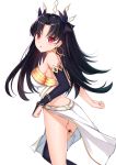  1girl absurdres ass bangs bare_shoulders black_hair blush breasts crown earrings eyebrows_visible_through_hair fate/grand_order fate_(series) hair_ribbon highres hoop_earrings ishtar_(fate)_(all) ishtar_(fate/grand_order) jewelry large_breasts long_hair long_legs looking_at_viewer parted_bangs red_eyes revision ribbon simple_background single_thighhigh smile solo thigh-highs tming two_side_up white_background 