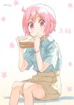  1girl :t blue_shirt blush brown_eyes brown_skirt closed_mouth collared_shirt commentary_request dated eating feet_out_of_frame food holding holding_food looking_at_viewer nonohara_yuzuko pink_hair sandwich shirt short_hair short_sleeves signature sitting skirt solo umiroku white_background yuyushiki 