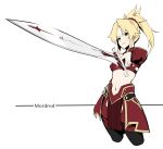  1girl bangs blonde_hair braid breasts character_name commentary_request eyebrows_visible_through_hair fate/apocrypha fate/grand_order fate_(series) frown green_eyes hair_ornament hair_scrunchie holding holding_sword holding_weapon long_hair looking_at_viewer mordred_(fate) mordred_(fate)_(all) navel parted_bangs ponytail red_scrunchie scrunchie simple_background small_breasts solo sword takatun223 weapon white_background 