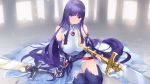  1girl alondite altina arm_guards bangs blue_eyes breasts cait closed_mouth dress elbow_gloves eyebrows_visible_through_hair fingerless_gloves fire_emblem fire_emblem:_radiant_dawn fire_emblem_heroes gloves highres holding holding_sword holding_weapon large_breasts lips long_hair purple_gloves purple_hair purple_legwear ragnell sitting sleeveless sleeveless_dress solo sword thigh-highs torn_clothes very_long_hair weapon 
