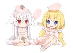  2girls bangs bare_shoulders blonde_hair blue_eyes blush chibi closed_mouth commentary_request dress eyebrows_visible_through_hair flower hair_between_eyes hair_flaps hair_flower hair_ornament knees_up long_hair looking_at_viewer low_twintails multiple_girls off-shoulder_dress off_shoulder open_mouth original outstretched_arm petals pink_dress red_eyes red_flower rimo shoes silver_hair simple_background sitting sleeveless sleeveless_dress tail twintails twitter_username very_long_hair wariza white_background white_flower white_footwear 