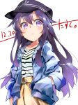  1girl absurdres akatsuki_(kantai_collection) alternate_costume anchor_symbol artist_name belt black_headwear blue_jacket casual dated flat_cap hair_between_eyes hands_in_pockets hat highres jacket kantai_collection long_hair looking_at_viewer messy_hair narumiya_(empty_cafe) purple_hair shirt simple_background solo striped striped_shirt violet_eyes white_background 
