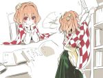  1girl asutora bangs bell blush book checkered checkered_kimono closed_mouth eyebrows_visible_through_hair hair_bell hair_between_eyes hair_ornament japanese_clothes kimono library looking_at_viewer motoori_kosuzu orange_hair red_eyes short_hair smile solo_focus touhou wide_sleeves 