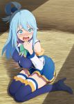  1girl aqua_(konosuba) aqua_bow aqua_neckwear arm_support blue_dress blue_eyes blue_footwear blue_hair boots bow bowtie breasts crying crying_with_eyes_open detached_sleeves dress empty_eyes hair_rings hay high_heel_boots high_heels kono_subarashii_sekai_ni_shukufuku_wo! kurikara large_breasts long_hair long_sleeves looking_at_viewer open_mouth scared sitting solo tears thigh-highs thigh_boots thighhighs_under_boots white_legwear white_sleeves wide-eyed yokozuwari zettai_ryouiki 