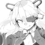  1girl :p eyepatch girls_frontline greyscale hair_ornament highres jacket monochrome myon2 portrait sketch skorpion_(girls_frontline) solo tongue tongue_out twintails 