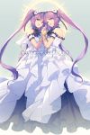  2girls back bangs bare_shoulders blush bracelet breasts character_name cis05 dress euryale fate/hollow_ataraxia fate_(series) frilled_hairband frills gradient gradient_background grey_background hairband halo holding_hands jewelry lolita_hairband long_hair looking_at_viewer multiple_girls off-shoulder_dress off_shoulder open_mouth purple_hair siblings sisters small_breasts smile stheno twins twintails very_long_hair violet_eyes white_dress 