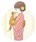  1girl animal ayu_(mog) brown_hair closed_mouth flower fox from_side hair_flower hair_ornament holding holding_animal japanese_clothes kimono long_sleeves obi original profile red_kimono sash signature solo standing wide_sleeves yellow_flower 