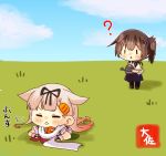  2girls ? artist_name black_legwear black_ribbon black_serafuku blonde_hair blue_hakama blue_sky brown_hair chibi closed_eyes clouds commentary_request grass hair_flaps hair_ornament hair_ribbon hairclip hakama hakama_skirt hole horizon japanese_clothes kaga_(kantai_collection) kantai_collection long_hair multiple_girls neckerchief pantyhose red_neckwear remodel_(kantai_collection) ribbon scarf school_uniform serafuku side_ponytail sky taisa_(kari) tasuki triangle_mouth watering_can white_scarf yuudachi_(kantai_collection) 