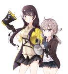  2girls ? ahoge artist_request black_hair chinese_commentary commentary_request girls_frontline gloves grey_hair heterochromia jacket m200_(girls_frontline) megaphone multicolored_hair multiple_girls necktie pleated_skirt red_eyes ro635_(girls_frontline) skirt smile two-tone_hair violet_eyes white_hair yellow_eyes 