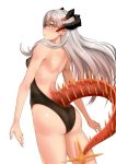 1girl arknights ass backless_leotard backless_outfit bangs bare_arms bare_back bare_shoulders black_leotard blush breasts commentary_request cowboy_shot earrings eyebrows_visible_through_hair from_behind hair_between_eyes horns jewelry leotard long_hair looking_at_viewer looking_back saria_(arknights) silver_hair simple_background small_breasts solo standing tail thighs white_background yamauchi_(conan-comy) yellow_eyes 
