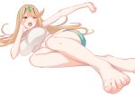  1girl absurdres breasts feet green322 highres huge_breasts long_hair lying mythra_(xenoblade) shirt short_shorts shorts simple_background stretch tiara very_long_hair white_background white_shirt xenoblade_(series) xenoblade_2 yawning 